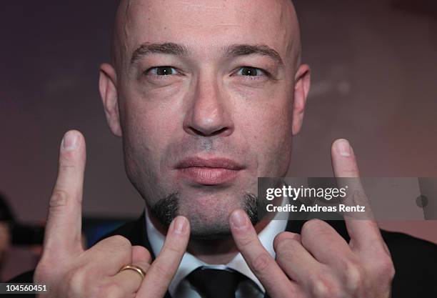 Singer 'Der Graf' of the German band 'Unheilig' attends a press conference to promote the 'Bundesvision Song Contest 2010' at the Max-Schmeling Hall...