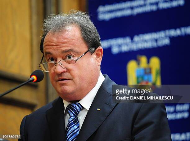 Romanian Interior Minister Vasile Blaga gives a press conference on September 27, 2010 to announce his resignation at the Interior Ministry in...