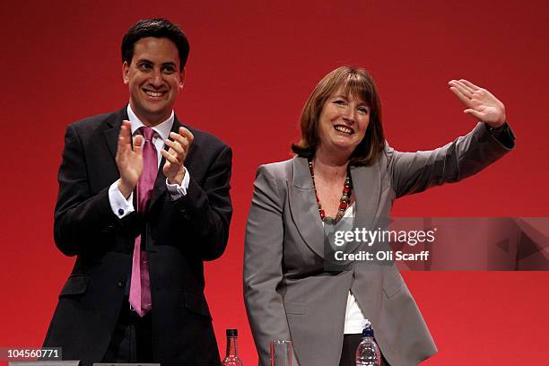 Labour party leader Ed Miliband and deputy leader Harriet Harman wave to delegates at the end of the Labour party conference on September 30, 2010 in...