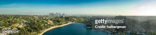 silver lake and los angeles sprawl - aerial panorama - downtown los angeles aerial stock pictures, royalty-free photos & images