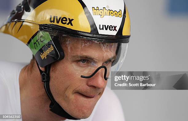 Michael Rogers of Australia waits at the start line before competing in the Men's Elite Time Trial on day two of the UCI Road World Championships on...