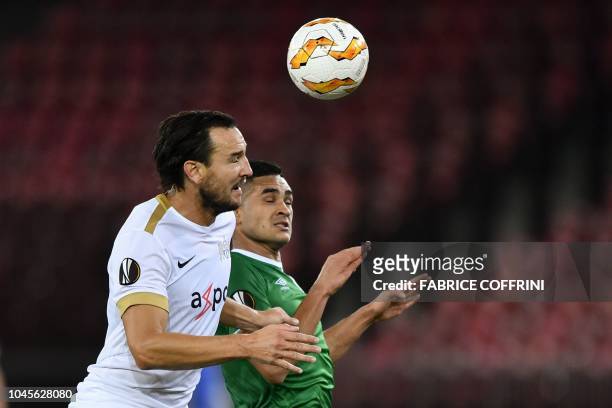 Zurich's Swiss defender Alain Nef and Ludogorets' Bulgarian midfielder Marcelinho vies for the ball during the UEFA Europa League group A football...
