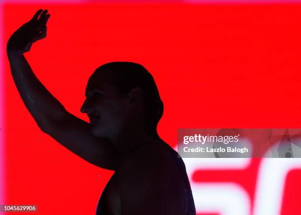 Katinka Hosszu of Hungary celrebrates after the Woman's 200m Butterfly final during day one of the FINA Swimming World Cup at Duna Arena on October...