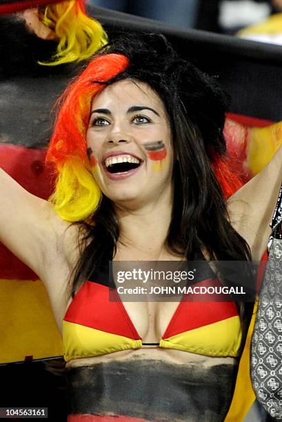 German fan cheers prior to Group D first round 2010 World Cup football match Germany vs Australia on June 13, 2010 at Moses Mabhida stadium in...