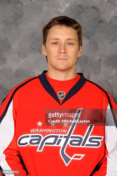 Lawrence Nycholat of the Washington Capitals poses for his official headshot for the 2010-2011 NHL season on September 17, 2010 at the Kettler...
