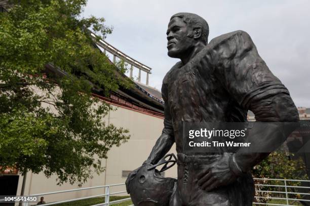 View of the Earl Campbell statue at the south end of the stadium prior to the game between the Texas Longhorns and the TCU Horned Frogs at Darrell K...