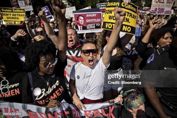 Protesters opposed to Supreme Court nominee Brett Kavanaugh march toward the U.S. Supreme Court in Washington, D.C., U.S., on Thursday, Oct. 4, 2018....