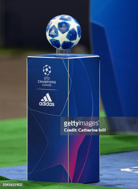General view of the Adidas Finale 18 ball on the plinth before the Group C match of the UEFA Champions League between SSC Napoli and Liverpool at...