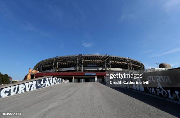 General view outside the stadium before the Group C match of the UEFA Champions League between SSC Napoli and Liverpool at Stadio San Paolo on...