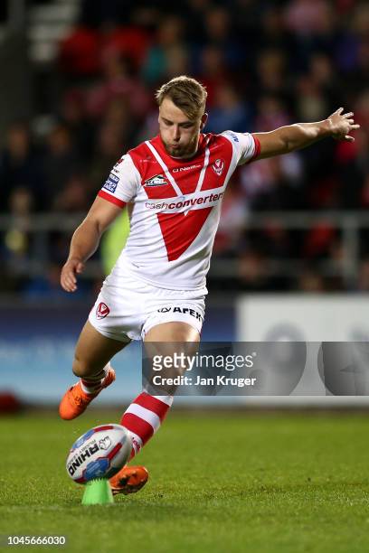 Danny Richardson of St Helens converts the opening try during the BetFred Super League semi final match between St Helens and Warrington Wolves at...
