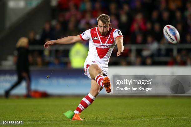 Danny Richardson of St Helens converts the opening try during the BetFred Super League semi final match between St Helens and Warrington Wolves at...