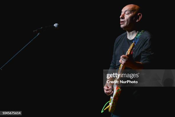 Dariusz Kozakiewicz of 'Perfect' rock band on guitare during the 25th Anniversary Gala of the Siemacha Association in Krakow's ICE Arena. Siemacha...