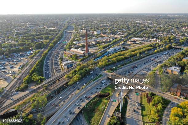 Masses of vehicles move slowly during afternoon rush hour at the 1-90 Kennedy Expressway and the I-94 Edens Split on October 3, 2018 in Chicago,...