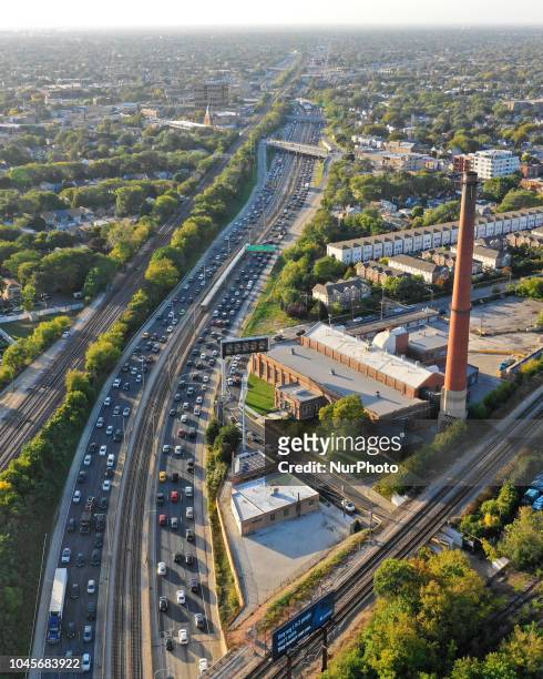 Masses of vehicles move slowly during afternoon rush hour at the 1-90 Kennedy Expressway and the I-94 Edens Split on October 3, 2018 in Chicago,...
