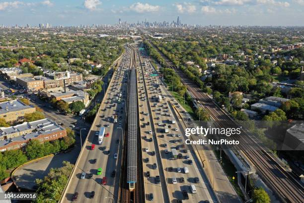 Masses of vehicles move slowly during afternoon rush hour at the 1-90 Kennedy Expressway and the I-94 Edens Split on October 3, 2018 in Chicago,...