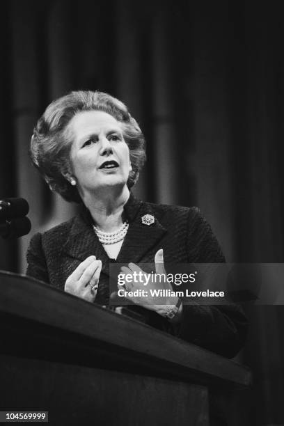 British Prime Minister Margaret Thatcher addressing the Conservative Party on May 22, 1985.