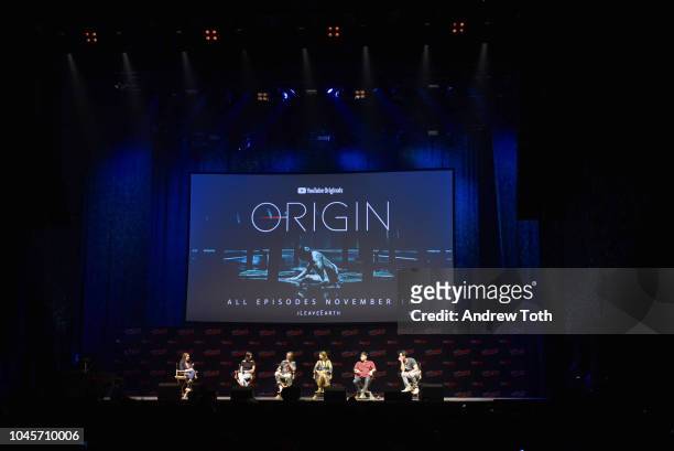 Breanne Heldmann, Mika Watkins, Tom Felton, Natalia Tena, Sen Mitsuji, and Philipp Christopher speak onstage at the ORIGIN: Get an Exclusive Preview...