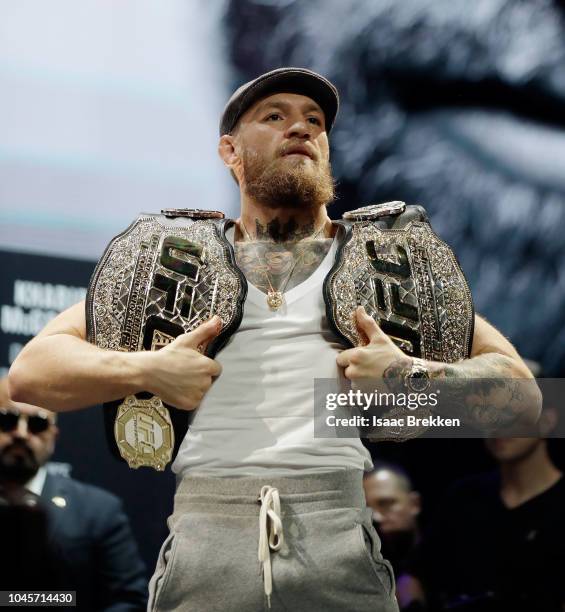 Conor McGregor poses for cameras following a press conference for UFC 229 at Park Theater at Park MGM on October 04, 2018 in Las Vegas, Nevada....
