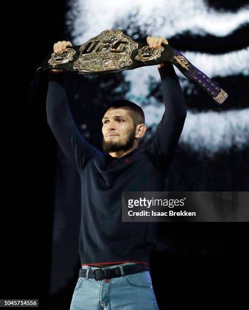 Lightweight champion Khabib Nurmagomedov poses for cameras during a press conference for UFC 229 at Park Theater at Park MGM on October 04, 2018 in...