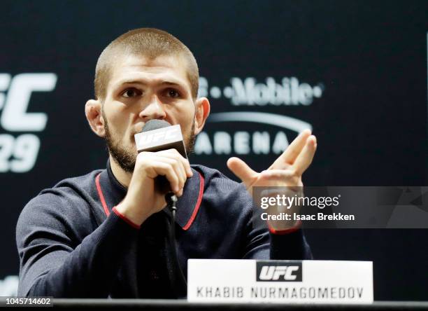 Lightweight champion Khabib Nurmagomedov speaks during a press conference for UFC 229 at Park Theater at Park MGM on October 04, 2018 in Las Vegas,...