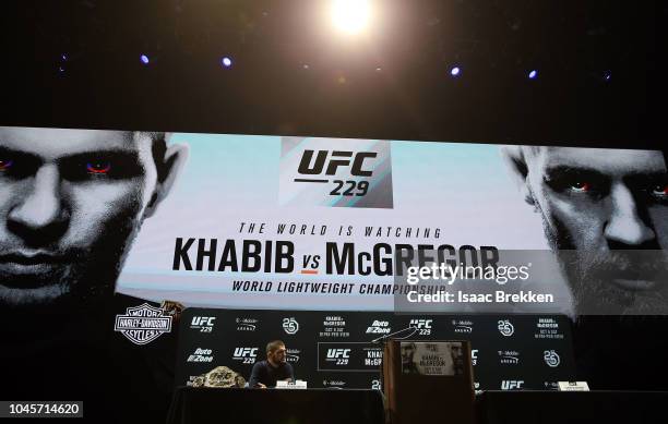 Lightweight champion Khabib Nurmagomedov takes the stage without Conor McGregor during a press conference for UFC 229 at Park Theater at Park MGM on...