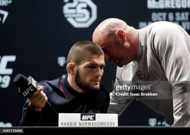 President Dana White speaks with UFC lightweight champion Khabib Nurmagomedov during a press conference for UFC 229 at Park Theater at Park MGM on...