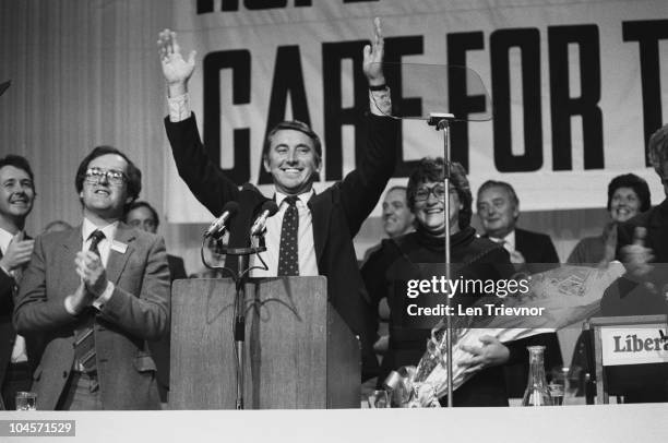 Party leader David Steel acknowledges the supporters at the Liberal Party conference held in Bournemouth, England in September 1984.