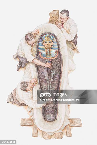 illustrazioni stock, clip art, cartoni animati e icone di tendenza di illustration of archaeologists opening sarcophagus of tutankhamun - archeologo