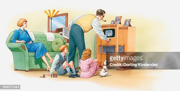 ilustrações, clipart, desenhos animados e ícones de illustration of 1930s american family and their pet dog preparing to watch television - homens de idade mediana