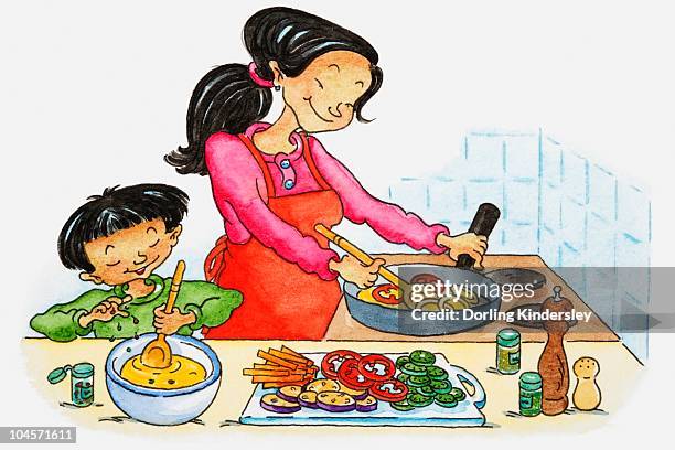 illustration of woman and boy cooking together - stirring stock illustrations