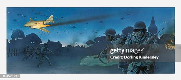 illustrations, cliparts, dessins animés et icônes de illustration of american soldiers in fields at night on d day and parachuting from aeroplane hit by enemy fire - d day