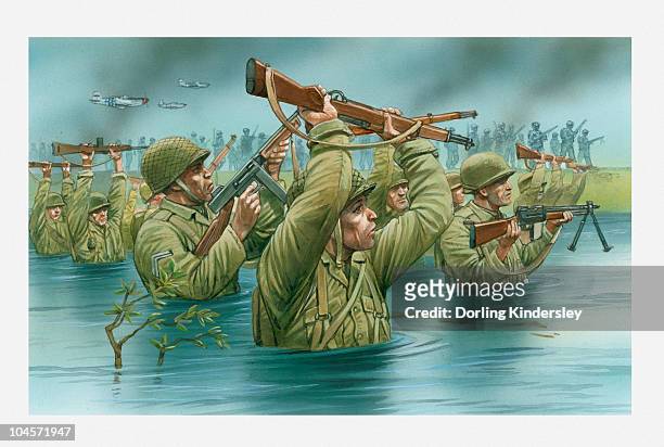 illustration of of american soldiers wading waist deep in water with rifles held aloft during d day landing on utah beach - 腰まで水に浸かる点のイラスト素材／クリップアート素材／マンガ素材／アイコン素材