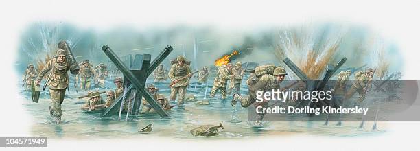 illustrations, cliparts, dessins animés et icônes de illustration of amercan sheltering behind beach obstacles designed to stop allied landing craft from reaching shore during d-day invasion - d day