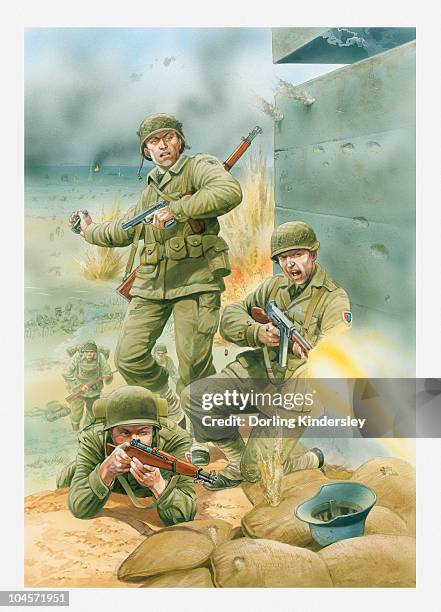 illustration of of american soldiers firing rifles and throwing grenades next to german bunker during d day landing on omaha - d day stock-grafiken, -clipart, -cartoons und -symbole