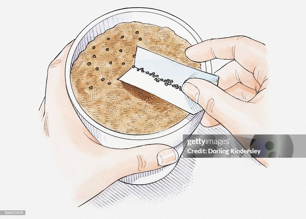 Illustration of hand scattering seeds on compost in plant pot, using a piece of folded paper, close-up
