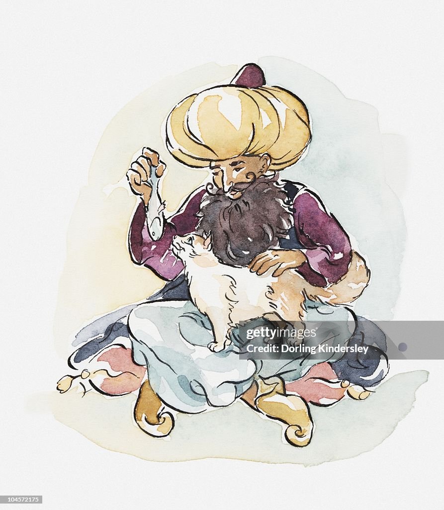Illustration of man wearing a turban feeding a fish to a Turkish van cat, also known as Turkish swimming cat
