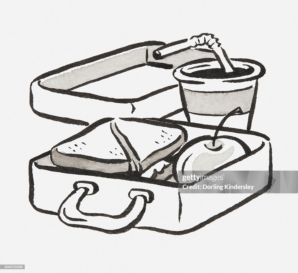 Black and white illustration of a lunch box and soft drink