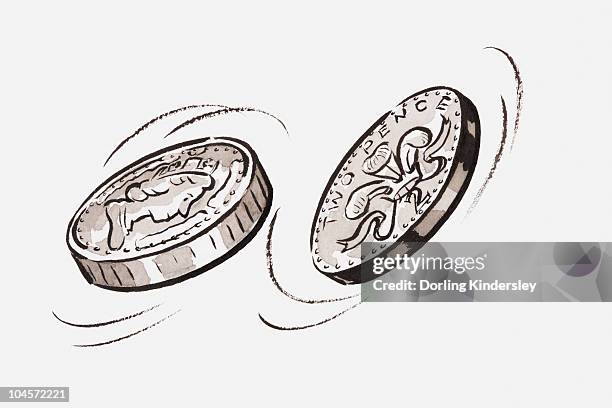 black and white illustration of flipped coins - pound coins stock illustrations