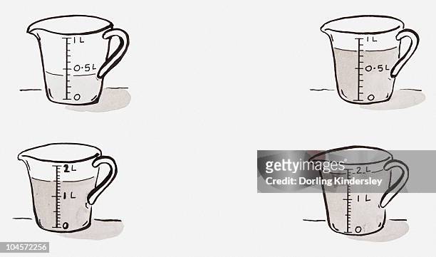 ilustrações, clipart, desenhos animados e ícones de black and white illustration of four measuring jugs filled to different levels - caneca de medidas