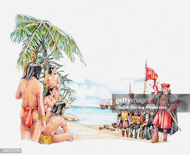 illustration of carib and arawak people greeting christopher columbus on his arrival in caribbean - cristobal colon stock illustrations