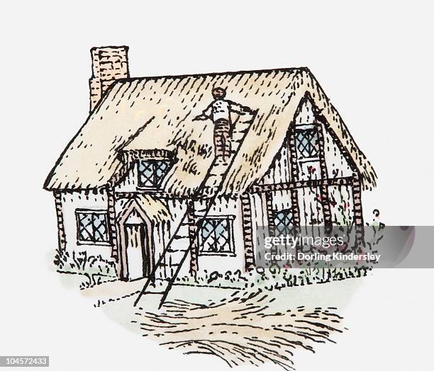 stockillustraties, clipart, cartoons en iconen met illustration of man thatching cottage roof - thatched roof