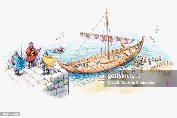 illustration of one of alfred the great's ships moored on coastline to guard against viking invasion - angelsächsisch stock-grafiken, -clipart, -cartoons und -symbole