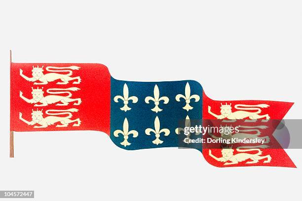 ilustraciones, imágenes clip art, dibujos animados e iconos de stock de illustration of hundred years war flag with english lions and french fleur de lys - hundred years war