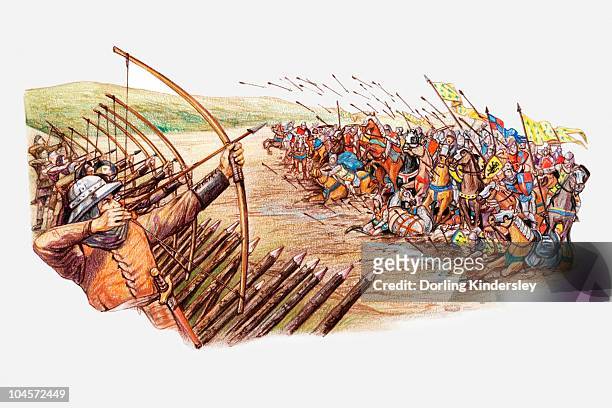 illustration of english and welsh archers using cross bows against attacking french army during hundred years war - hundred years war stock illustrations