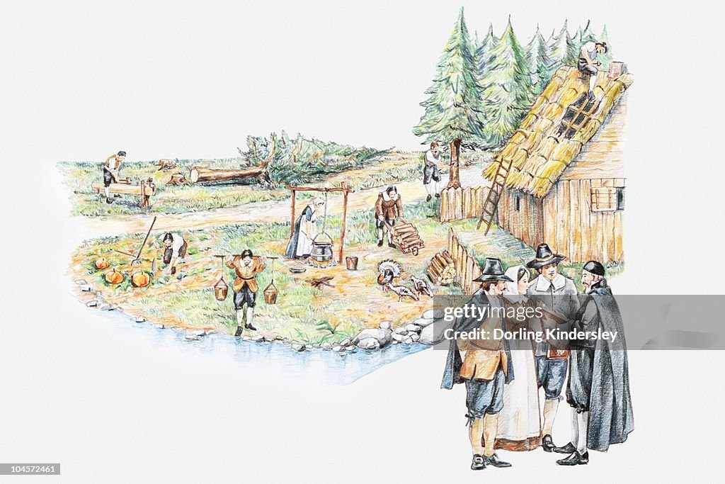 Illustration of daily life of pilgrim settlers and holding prayer meeting in Plymouth Massachusetts