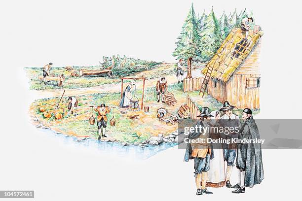 illustration of daily life of pilgrim settlers and holding prayer meeting in plymouth massachusetts - pilgrims stock illustrations