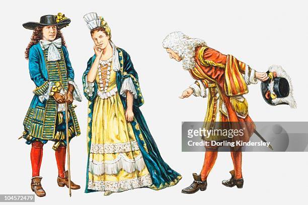 stockillustraties, clipart, cartoons en iconen met illustration of man bowing to 17th century stuart nobleman and woman - 17th century style