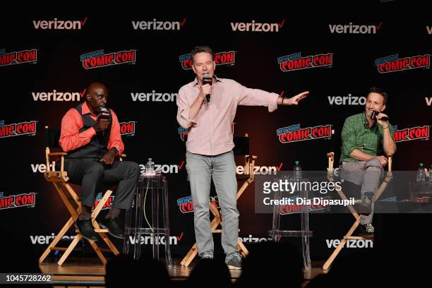 Gary Anthony Williams, Bryan Cranston and Breckin Meyer speak onstage at the Sony Crackle Presents: SuperMansion panel during New York Comic Con 2018...
