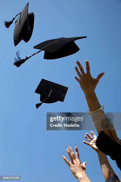 three mortarboards being thrown - mortar board stock pictures, royalty-free photos & images