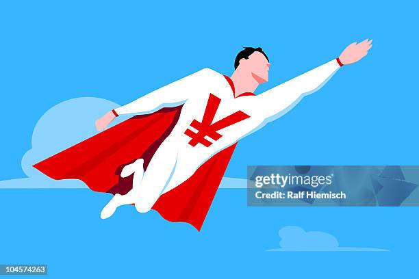 superhero with yen symbol - cape stock-grafiken, -clipart, -cartoons und -symbole